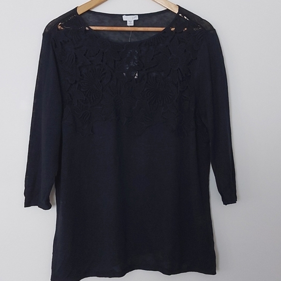 NWT J Jill Linen Blend Light Knit Crochet Embellished Sweater Navy Size … - Picture 1 of 7